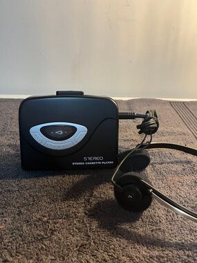 Vintage Portable Black Stereo Cassette Player with Headphones